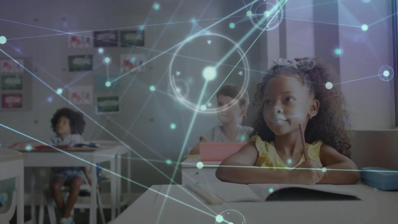 Girl writing with pencil activating glowing learning network around notebooks as classmates writing