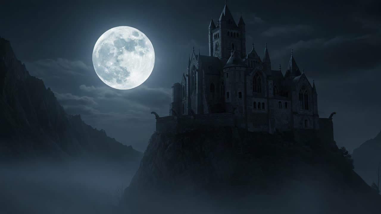 Castello misterioso che si erge in un paesaggio oscuro sotto una luna piena splendente, avvolto nella nebbia e da ombre inquietanti in una scena crepuscolare.