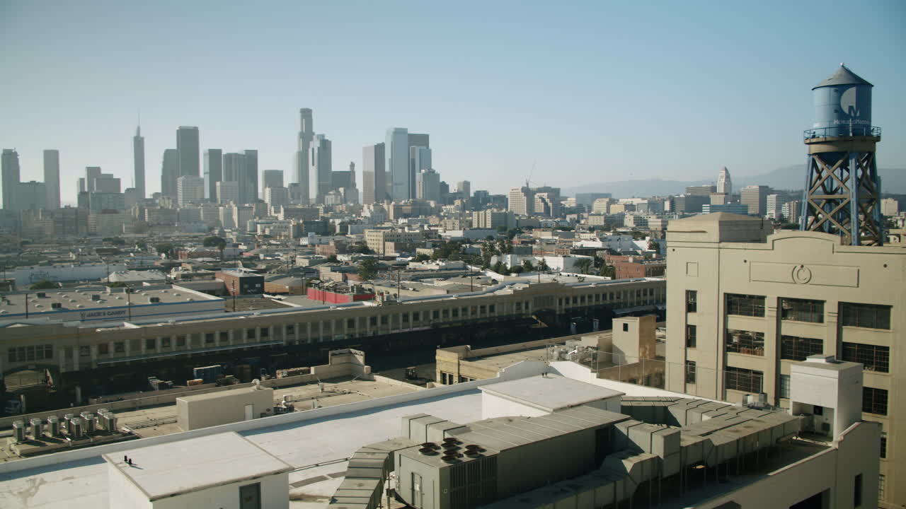 Downtown Los Angeles Cityscape with Skyscrapers and Industrial Buildings