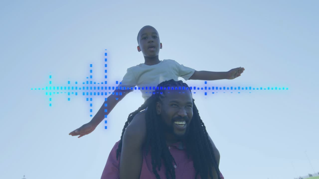 Audio tech input showing pulsing waveform while father carrying son walking pier pretending flight