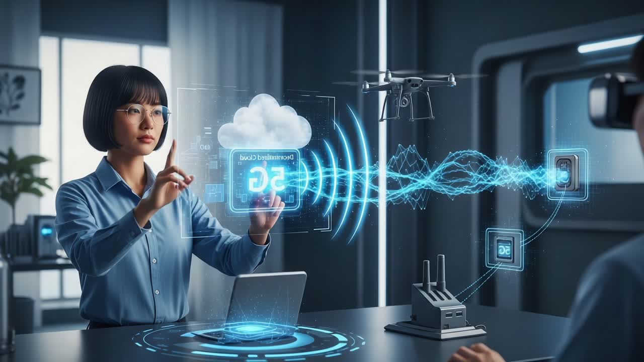 Innovative Technology Presentation: Expert Shares Insights on Drone Connectivity and Data Transfer in a Futuristic Setting