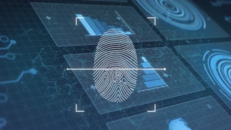 animation of biometric fingerprint scanner against interface with data processing on blue background