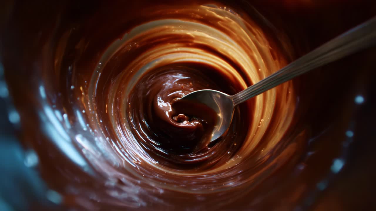 Swirling Chocolate Delight: A Close-Up of Creamy Chocolate Sauce Being Mixed with a Spoon Inside a Transparent Glass Jar for Tempting Treats