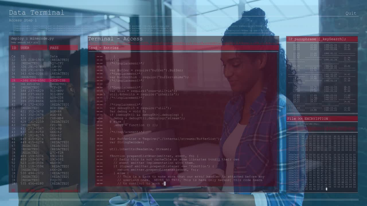 Woman tapping tablet toward man in tech hub, launching overlaying data terminal decrypting files
