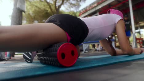 outdoor stretching session with foam roller