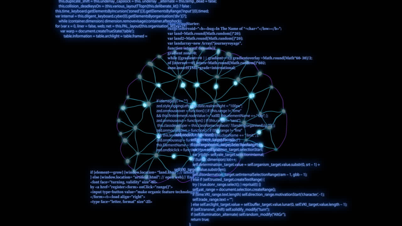 Animation of human brain and ai data processing over black background
