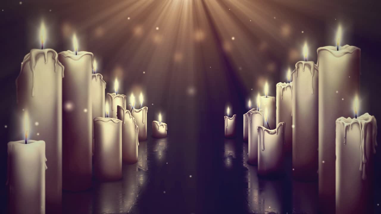 File di candele accese con raggi di luce luminosi e particelle che cadono