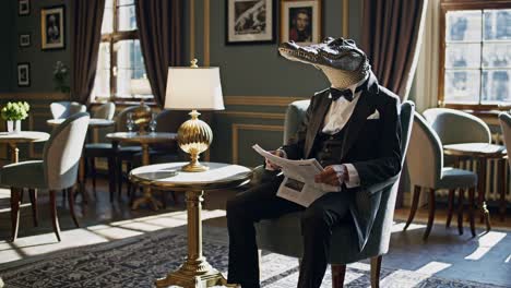 man with crocodile head reading newspaper in a luxurious cafe