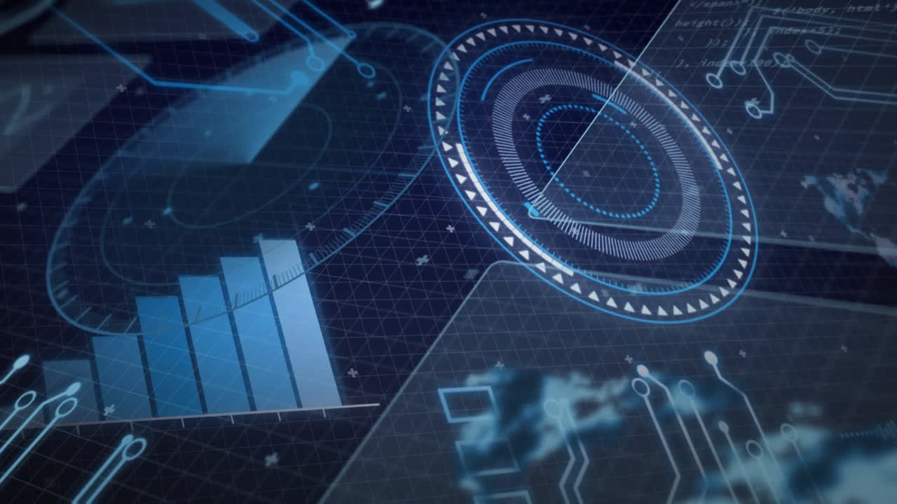 Signal starting holo UI reticle rotating while vertical bars rising and camera zooming showing data