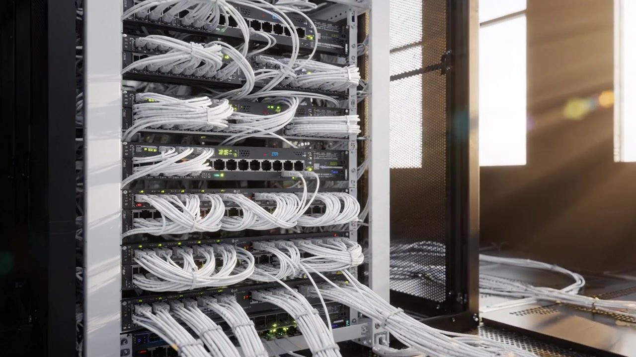 A Digital Network Infrastructure: Modern Server Racks with Intricate Cabling and Active Components Illuminated by Soft Ambient Lighting in a Data Center