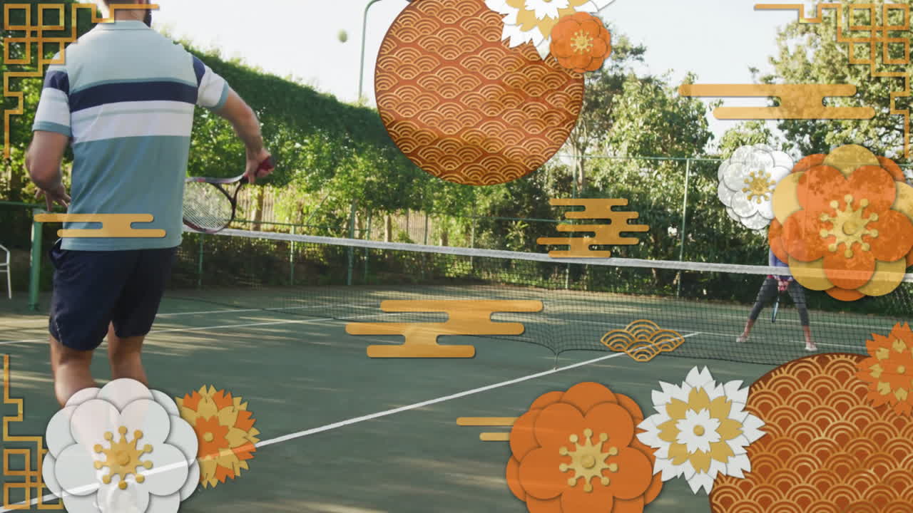 Friends rallying with tennis rackets on outdoor court boosting health with floral graphics overlay
