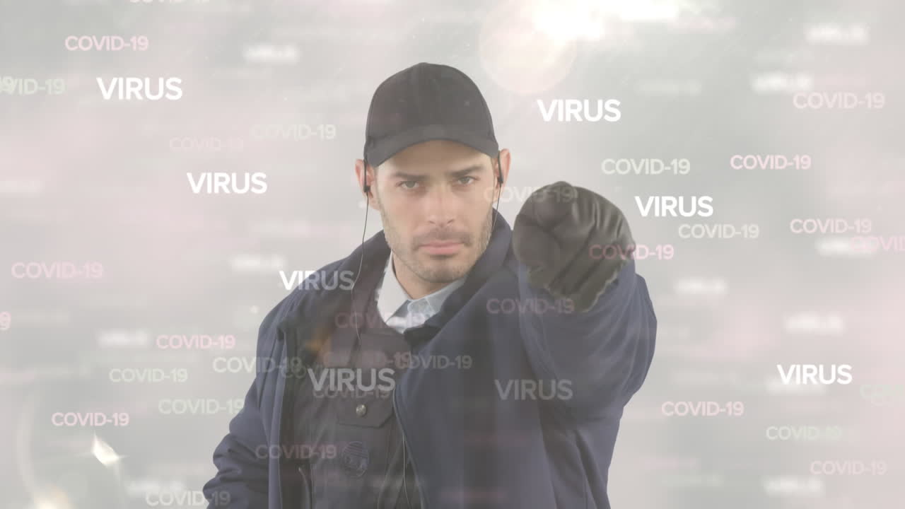 цифровое композитное видео текста covid-19 и клеток, движущихся против человека, указывающего на камеру сзади