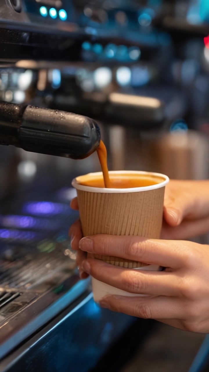 Preparazione del caffè: Primo piano di una mano che tiene una tazza mentre una macchina da caffè espresso eroga caffè appena fatto in un bicchiere di carta.