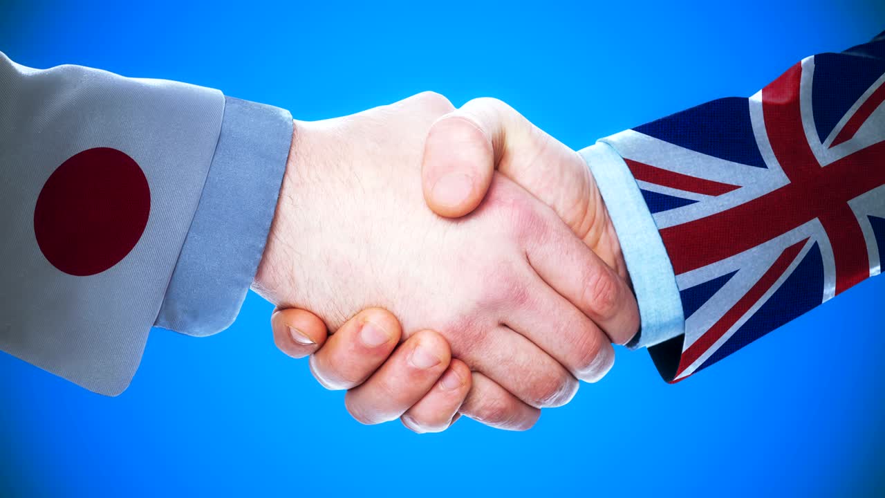 Japan - United Kingdom / Handshake concept animation about countries and politics / With matte channel