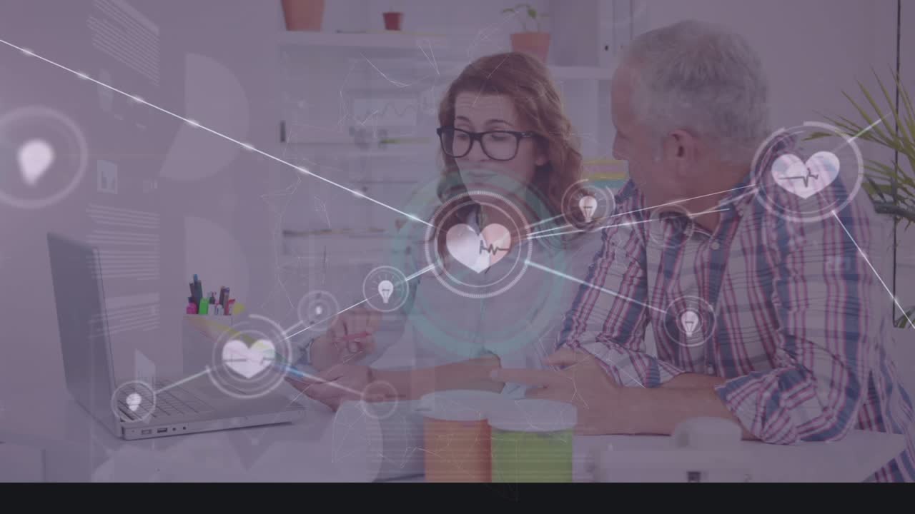 Animazione di una rete di connessioni su due persone caucasiche in ambito business