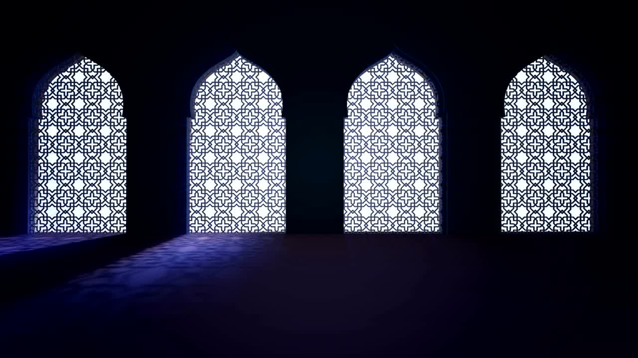 Jendela atau pintu interior masjid Islami dengan berkas cahaya masuk. Latar belakang gerak Islami Ramadan Kareem. Animasi 3D