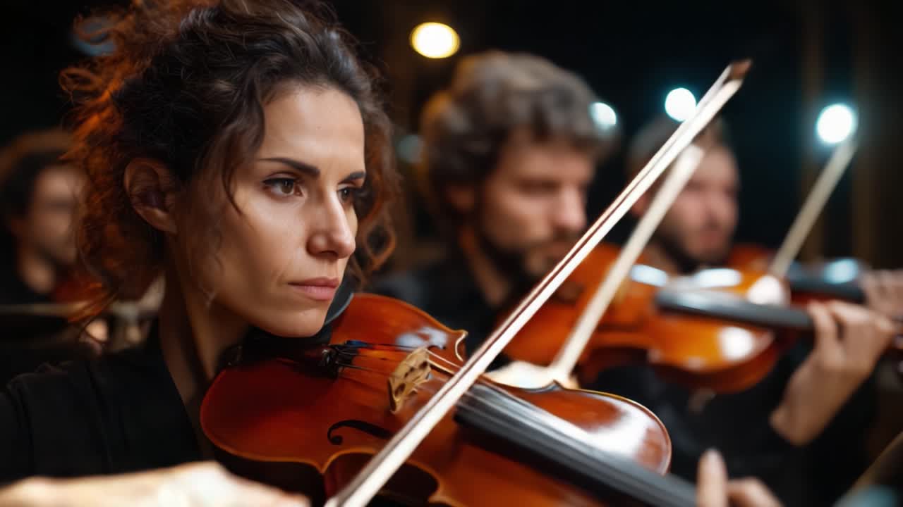 Eine fesselnde Geigerin bei einem dramatischen Auftritt, die intensive Konzentration und Emotionen zeigt, während sie mit anderen Musikern spielt, beleuchtet von Bühnenlichtern.