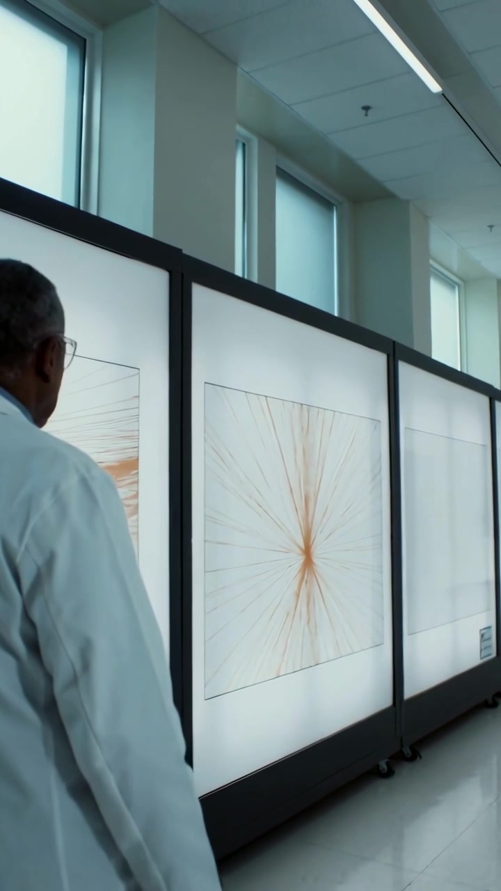 Vertical video: Seeing orange lines shift, tech in white coat checking 3 panels in lab, copy space