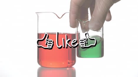 animation of like text over beakers with liquid on white background