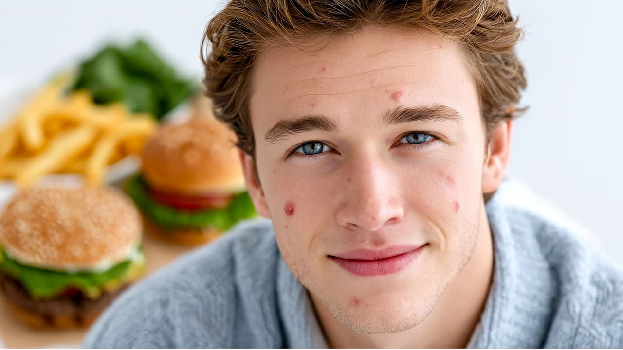 Un giovane gusta un pasto con hamburger. Un giovane sorride mentre guarda la fotocamera. Dietro di lui, sul tavolo, ci sono hamburger e patatine fritte.