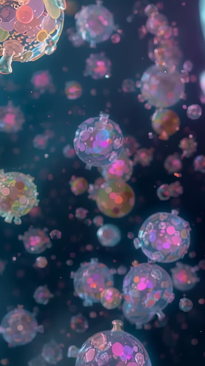 Video verticale: camera in movimento che crea sfere con punti colorati che si spostano verso l'occhio in un campo blu, aggiungendo profondità