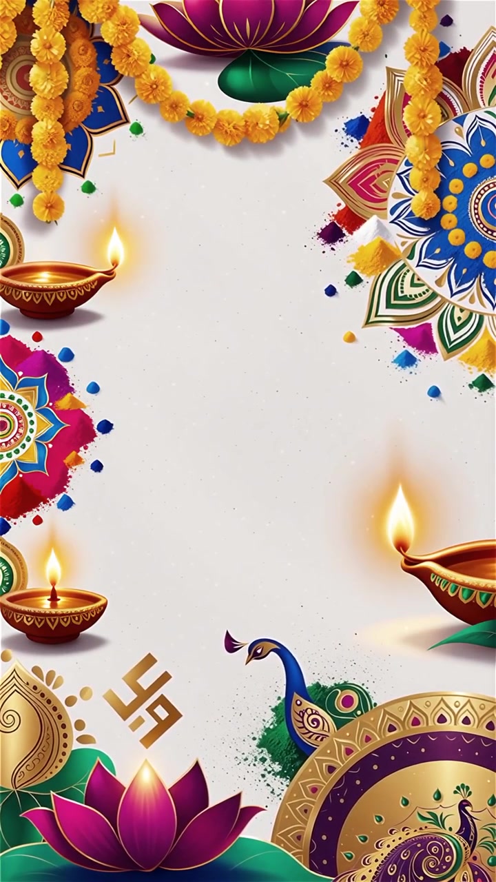 Sfondo Diwali con Diyas luminosi, Rangoli e fiori di loto