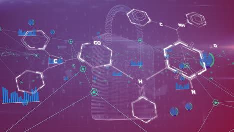 Animación-De-Estructuras-Químicas,-Candado-De-Seguridad-Y-Red-De-Iconos-Digitales-Sobre-Fondo-Morado