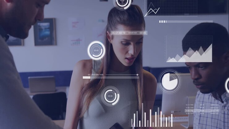 Business data analytics animation over diverse colleagues discussing in office