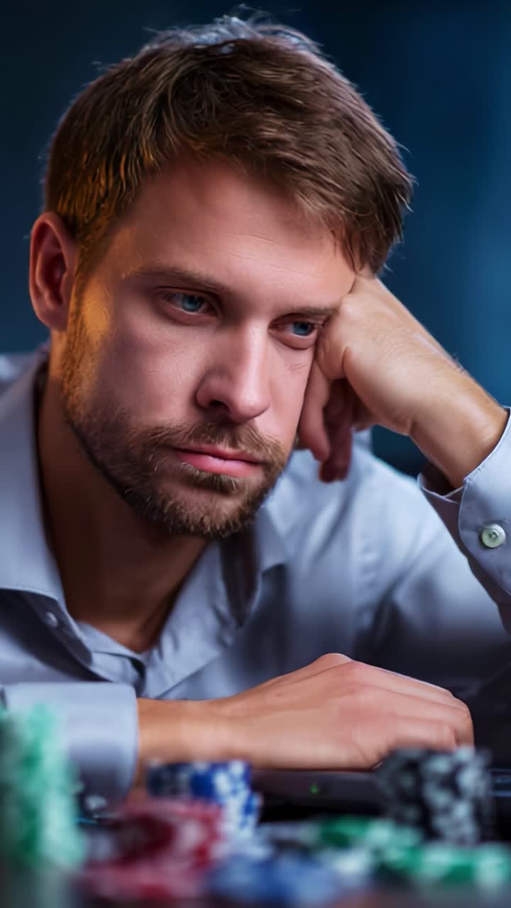 Eftertænksom gambler: En mand fordybet i tanker ved et pokerbord omgivet af jetoner, reflekterende over spillets indsatser og hans næste træk