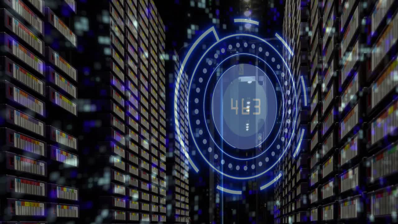 Animation of scope scanning with data processing and moving columns over server room