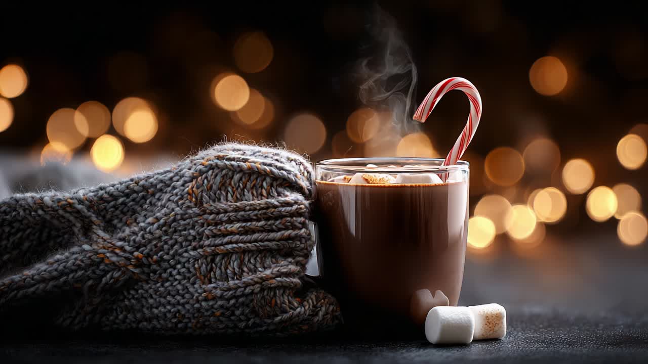 Cozy Scene Featuring a Warm Cup of Hot Chocolate with Marshmallows and a Candy Cane, Perfect for Winter Nights by the Fire with Soft Lights in the Background, Inviting Comfort and Relaxation