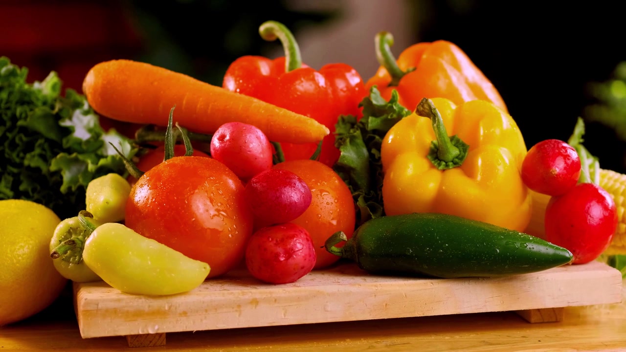 Close-up pan of fresh vegetables on a wooden board, including tomatoes, peppers, carrot, lettuce, radishes, lemon and chili, ideal for food, cooking and healthy eating content.