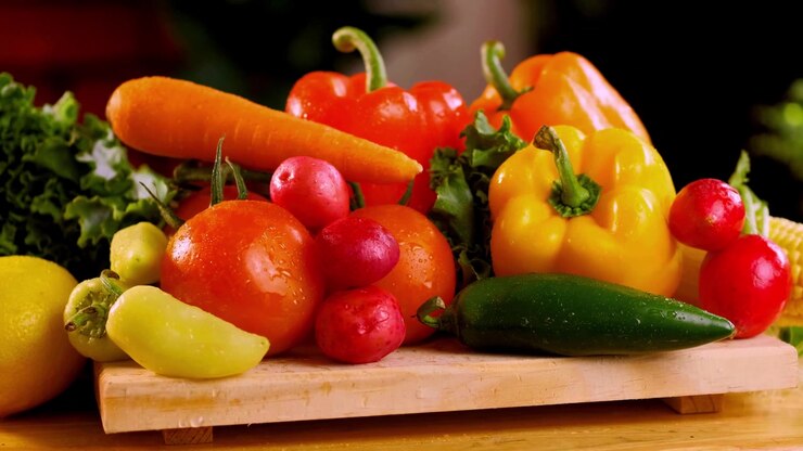 Close-up pan of fresh vegetables on a wooden board, including tomatoes, peppers, carrot, lettuce, radishes, lemon and chili, ideal for food, cooking and healthy eating content.