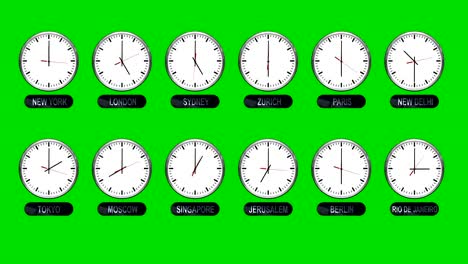 accurate different time zones clocks on a green screen