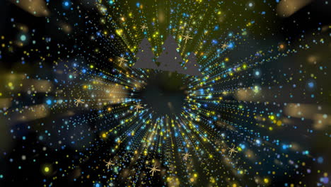 bursting multicolored particles radiating around stylized pine silhouettes and glowing stars