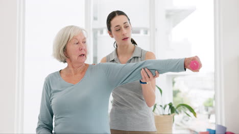 Senior-woman,-physiotherapy-and-dumbbell-exercise