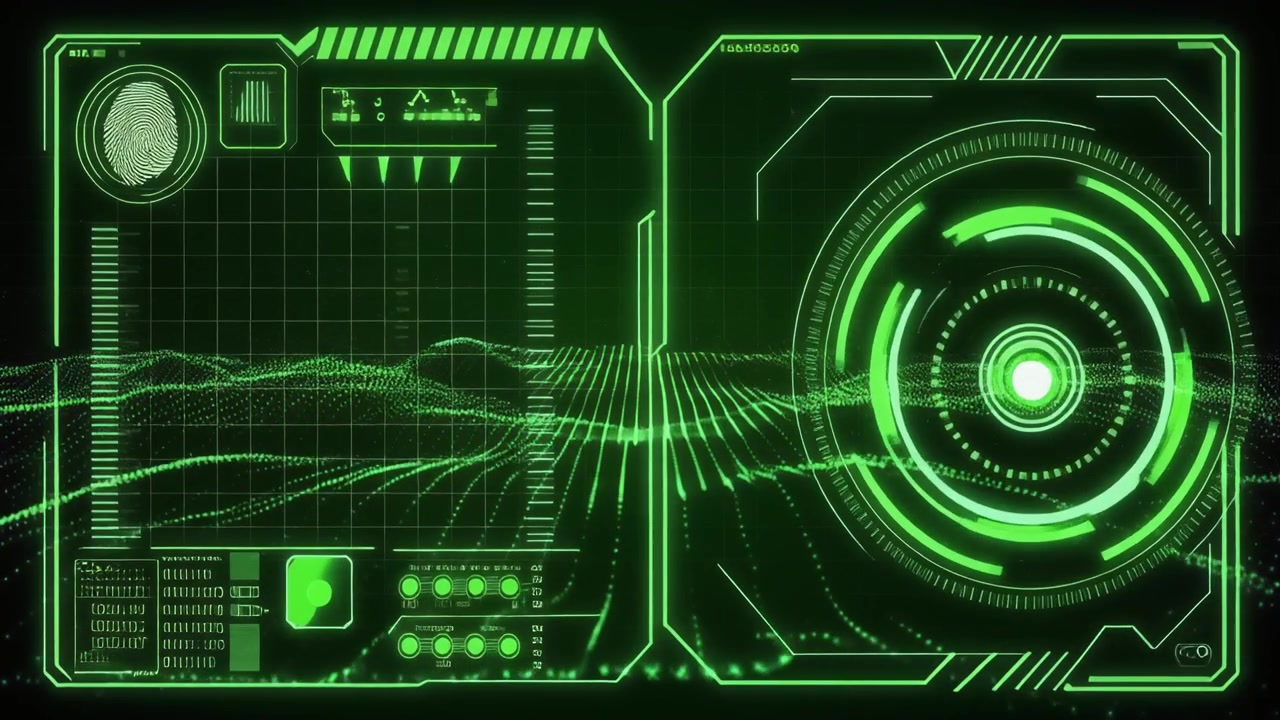 Digital HUD Interface with Green Particle Wave and Fingerprint Scanner