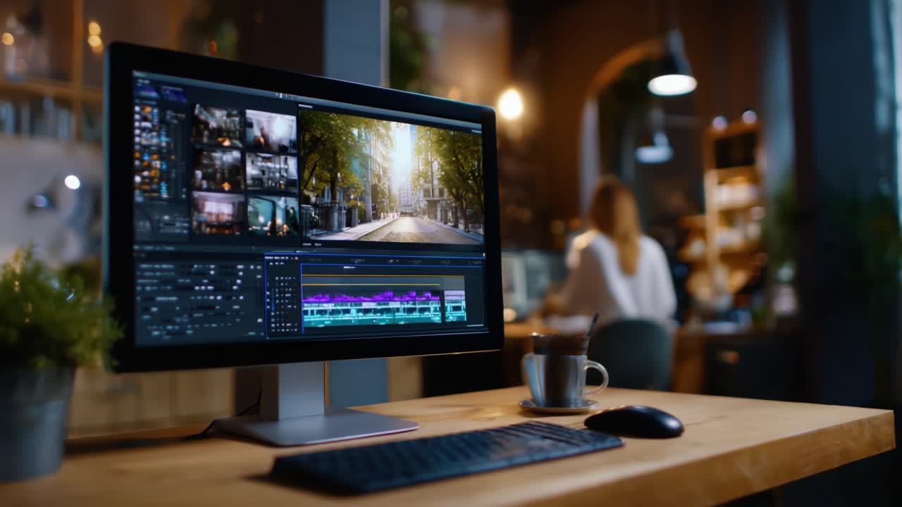 Un'area di lavoro di editing sofisticata con un moderno display che mostra una vivace scena urbana, insieme a strumenti per l'editing video e audio in un ambiente elegante