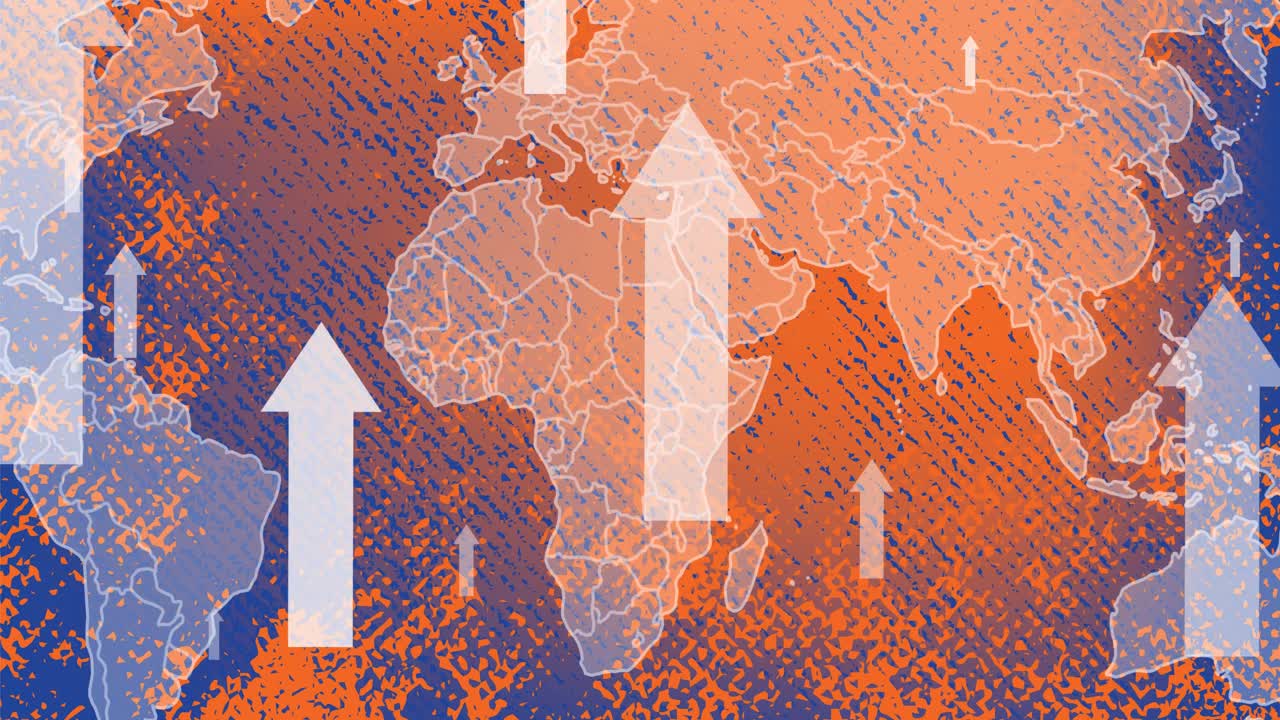 세계 지도 배경 위에  화살표의 애니메이션