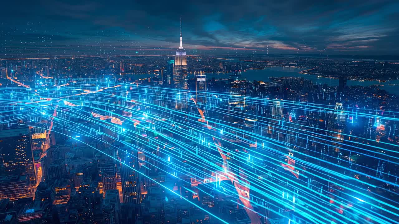 Rising cyan streaks sparking flowing grid moving over city at night, revealing data grid and spire