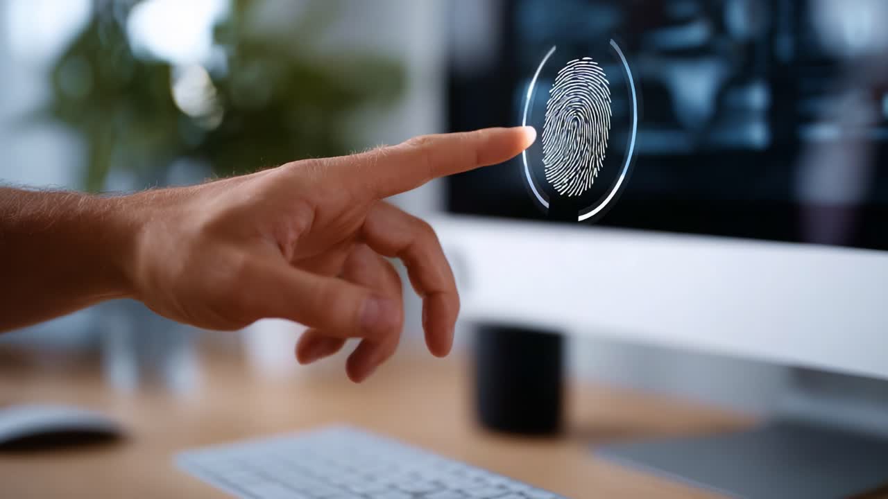 A Person Interacting with an Interactive Fingerprint Scanner Displayed on a Modern Computer Screen in a Bright Workspace Environment