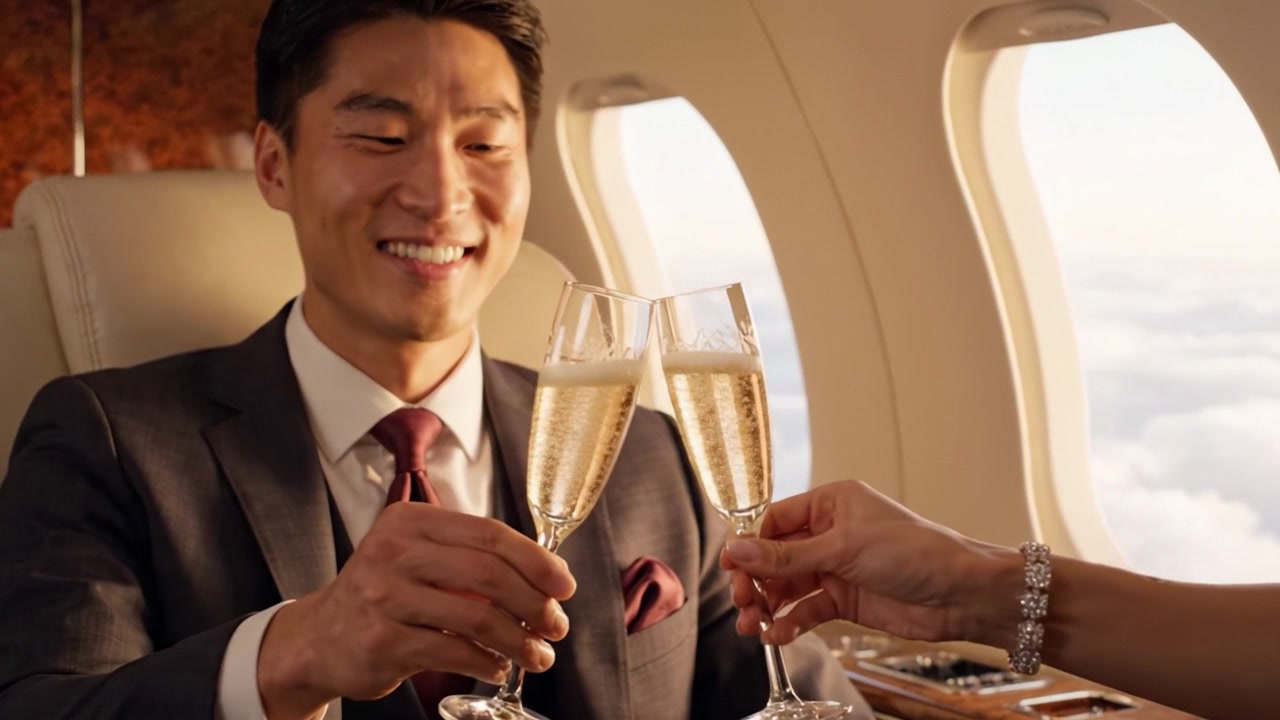 Un momento di celebrazione nel lusso: un uomo ben vestito brinda con un accompagnatore su un jet privato di alto livello mentre si gode la vista panoramica sulle nuvole