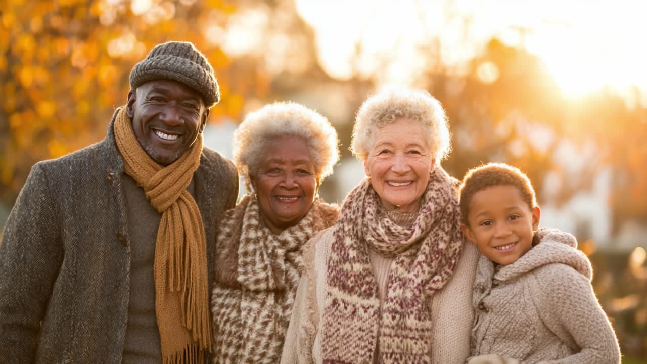 Heartwarming Family Moment: A Group of Four Generations Smiling Together in a Beautiful Autumn Setting with Soft Sunlight and Vibrant Fall Colors