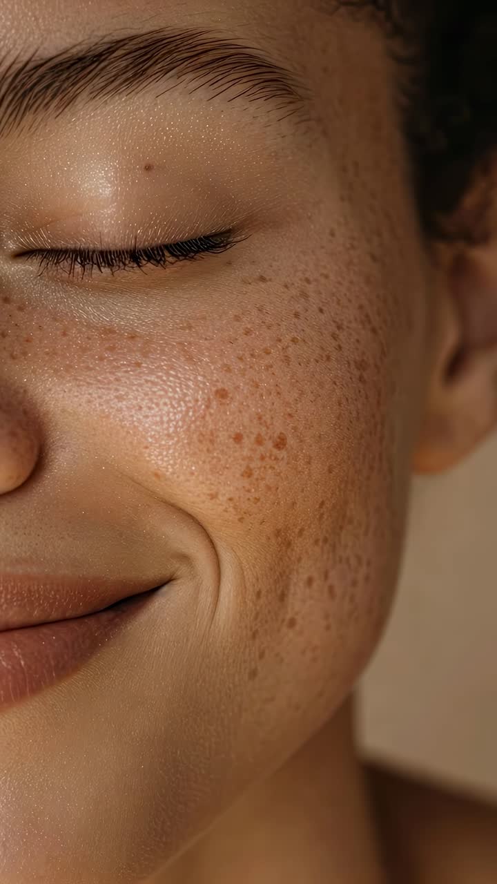 Close-up video angle of a smiling face with natural freckles, highlighting skin texture and serene