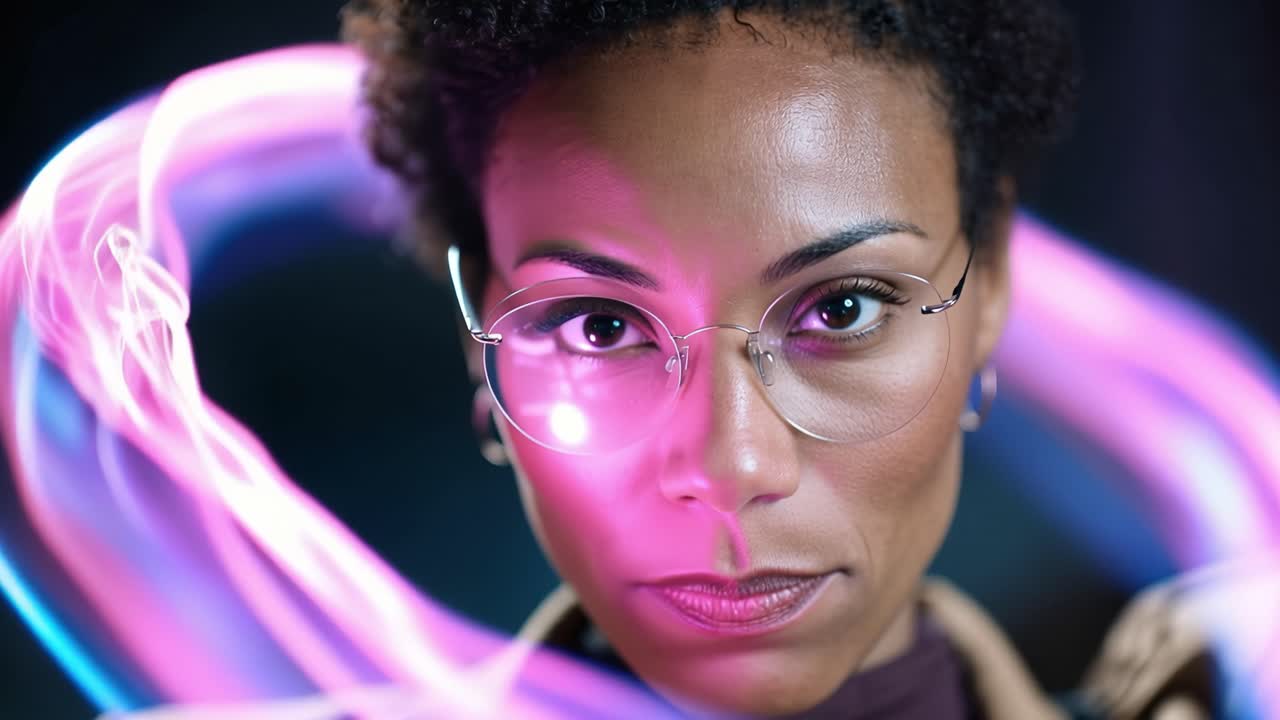 Woman with glasses gazes calmly into the camera. Soft purple glow swirls behind her shoulders. She wears a neutral expression, confident and serene. Ideal for science fiction, tech