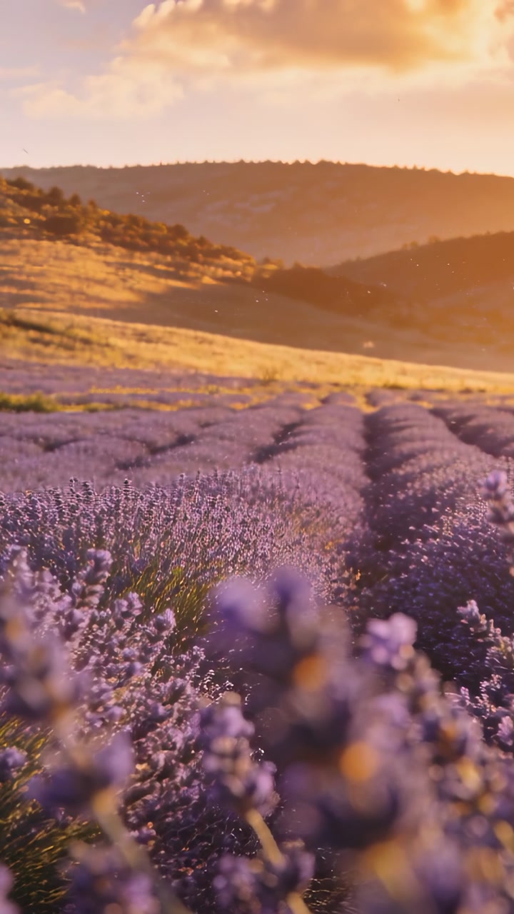 Vertical video: Moving camera revealing lavender rows on lavender farm at sunset, catching pollen