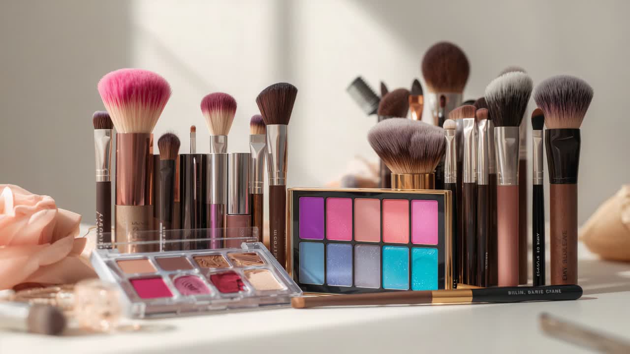 Pulling camera revealing vanity makeup cluster at window, showcasing brushes, eyeshadow palette