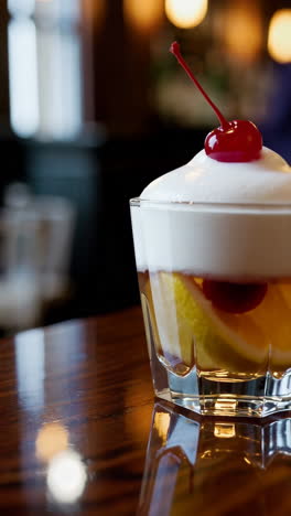 layered cocktail with cherry and foam