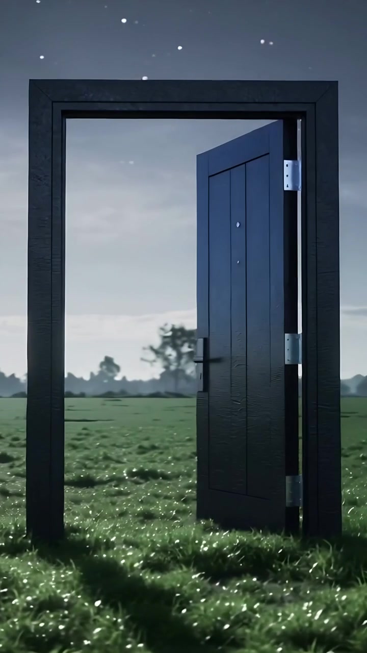 Vertical video: Swinging dark door opening to meadow at dusk from unseen push, with peephole hinges