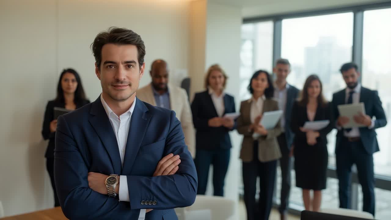 Opening shot revealing manager in suit smiling and motivating team holding tablets in meeting room